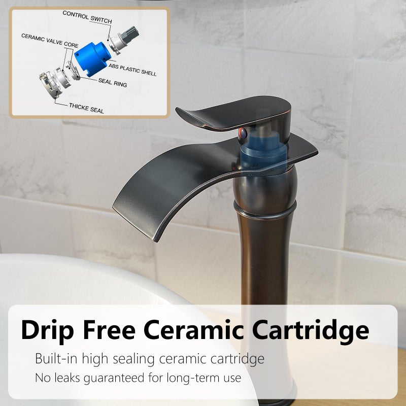 BATHLAVISH Vessel Sink Faucet Oil Rubbed Bronze Waterfall Tall Bathroom Faucet Antique Oiled with Pop Up Drain Assembly Combo Single Handle 1 Hole Bathroom Faucets Vanity Lavatory - Image 2
